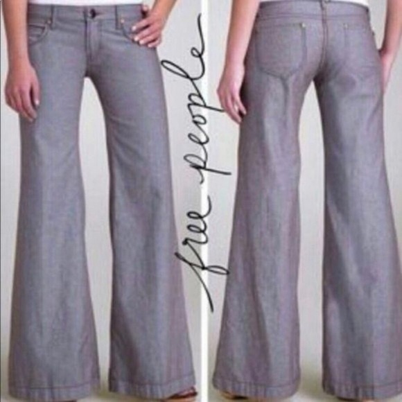Free People Pants - Free People Gray Herringbone Wide Leg Flare Low Rise Pants Boho Size 27